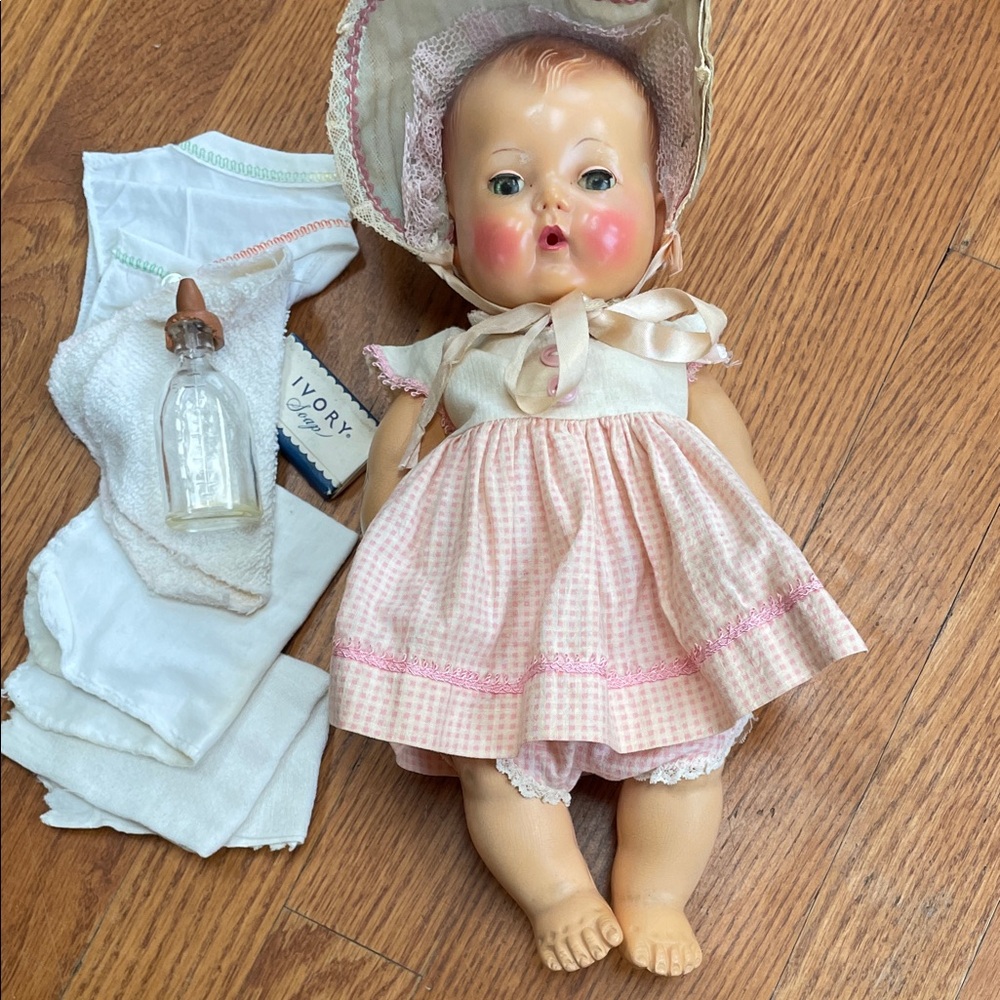Vintage Baby Doll with Pink Dress and Bonnet